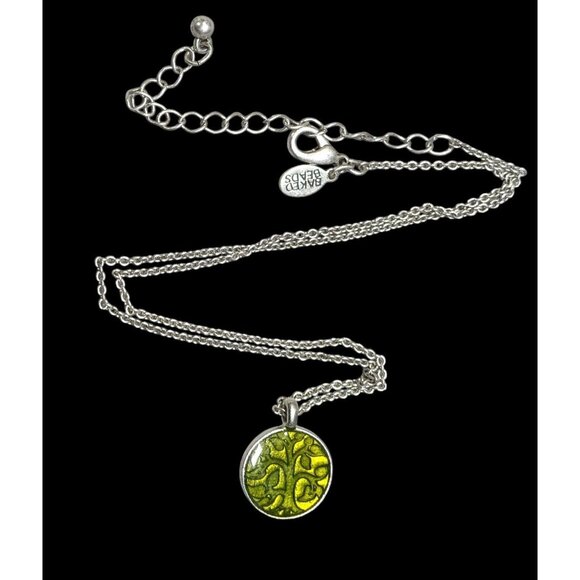 Baked Beads Floral Reversible Green And Silver Tone Pendant Necklace - Picture 1 of 5